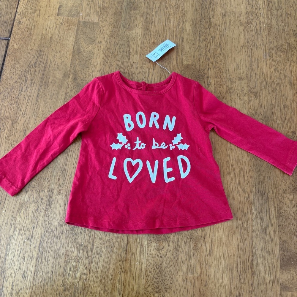 Joe Fresh Christmas Red Kids Long sleeve Shirt - Born to be Loved NEW. 6-12m